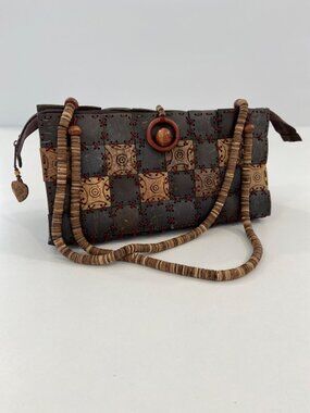 Statement unique Purse Coconut Shell & Wood Purse With Red Stitching & Zipper Cl